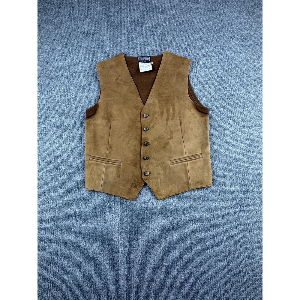 Trumpeter Vest Mens Medium Brown Leather Collarless Button Front Made France